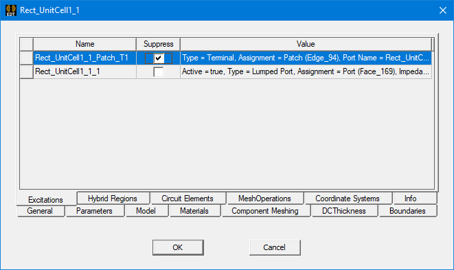 Properties window. Excitations tab.