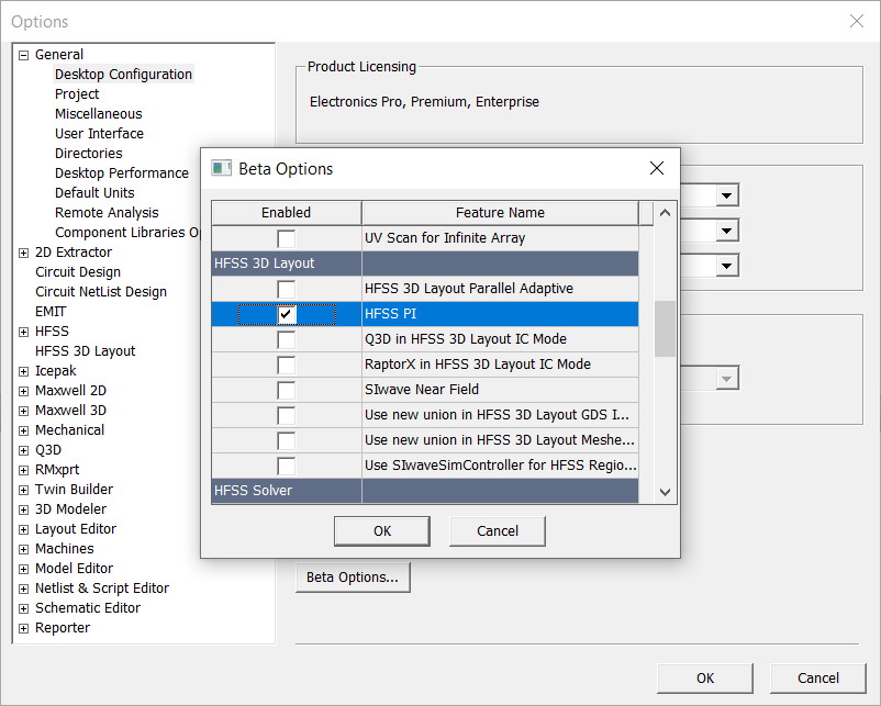 Options Window > Beta Options Window