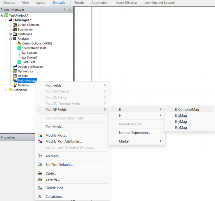 Project Manager Window > Project Tree > Active Design Folder > Field Overlay > Plot NF Fields > E > E_ComplexMag