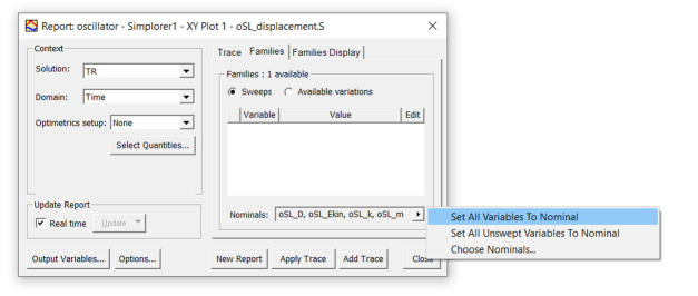 Report settings dialog. Nominals drop-down menu expanded, Set All Variables to Nominal option highlighted.