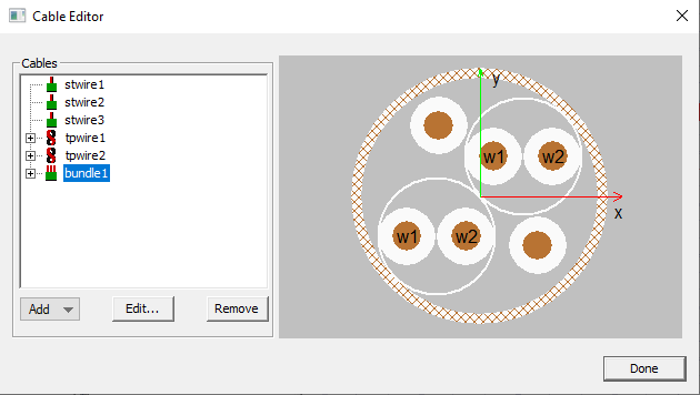 Cable editor window. Model preview shown.