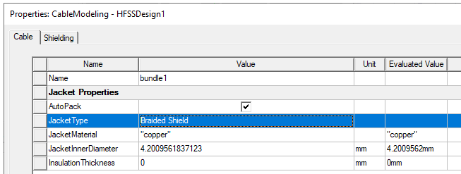 Properties window, Cable tab. JacketType property highlighted, Braided Shield selected.