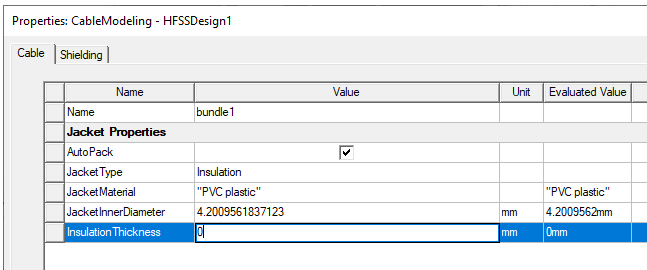 Properties window. Cable tab. Insulation field, 0 entered.