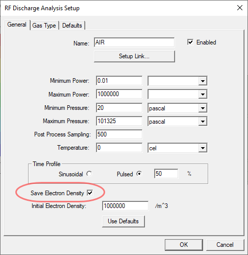 RF Discharde Analysis setup dialog. General tab. Save Electron Density option enabled.