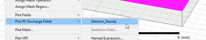 Modeler window shortcut menu, Plot RF Dischard Fields option expanded, Electron Density option selected.