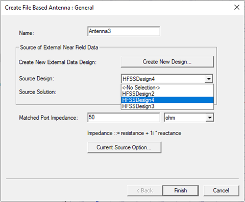 Create File Based Antenna dialog. Source Design drop-down memu. HFSSDesign4 option highlighted.