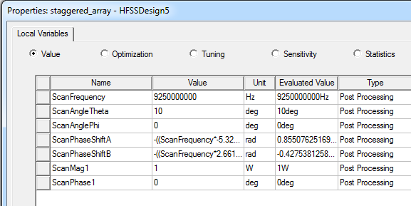 Properties dialog. Local variables tab.