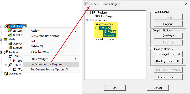 Hybrid Regions shortcut menu showing how to access the Set SBR+ Source Regions command and also showing the settings in the resulting dialog box