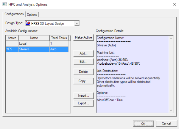 HPC and Analysis Options dialog. Configurations tab.
