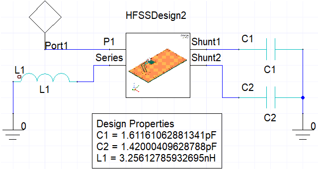 Circuit schematic of the matching network for a Johanson chip antenna and evaluation board example
