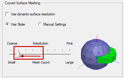initial mesh settings dialog box showing the slider position in the curved surface meshing section