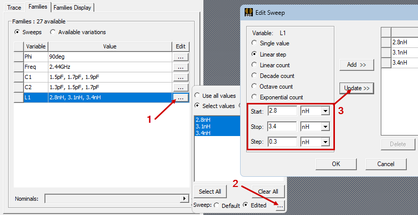 How to define component value variations in the Families tab of the Report dialog box. Defined sweeps of three values each for C1, C2, and L1 are shown.