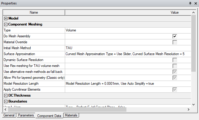 Properties panel, Component Data tab.