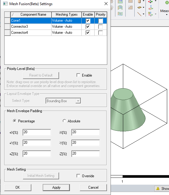 Mesh fusion settings dialog.