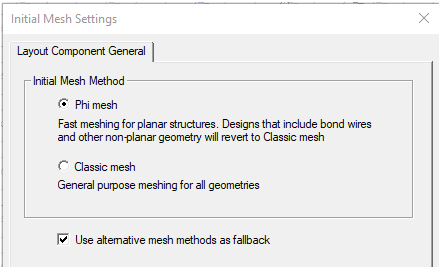 Initial Mesh Settings dialog. Layout Component Gneeral tab.