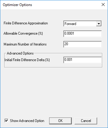 Optimizer Options window.