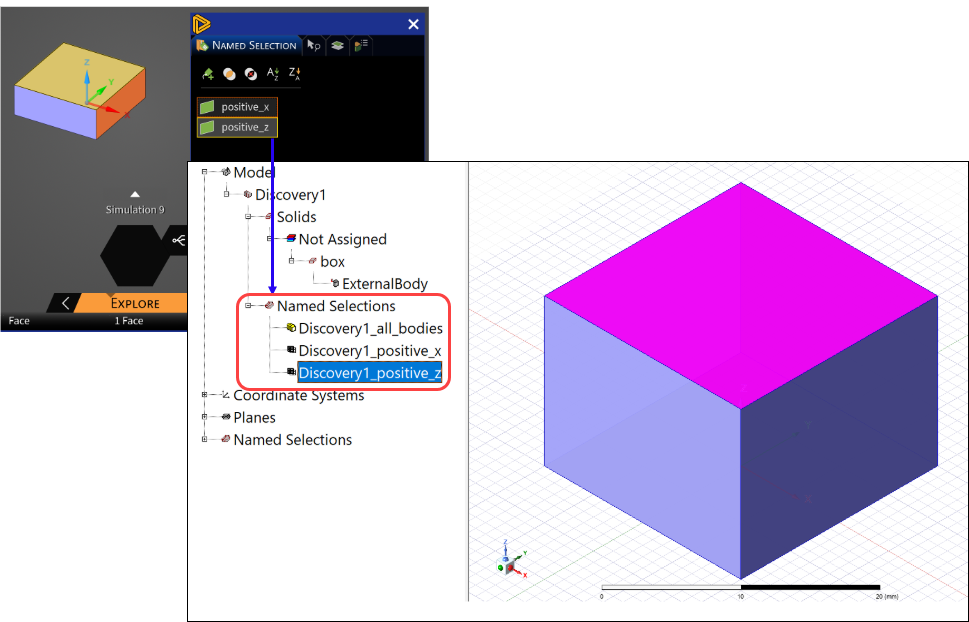 Named selections in Discovery and in the 3D Modeler history tree after the Discovery model was imported