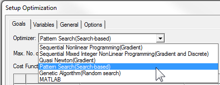 Setup Optimization window. Goals tab open, Optimizer drop-down menu open, Pattern Search (search based) selected.