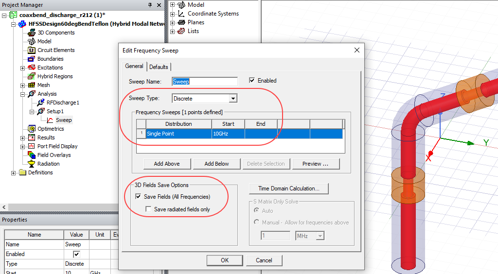 Edit Drequency Sweep dialog, Sweep Type set to discrete. 3D Fields Save Options set to Save Fields.