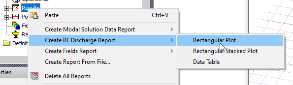 Results shortcut menu, RF Discharge DC Bias Report option expanded, Rectangular plot selected.