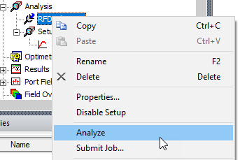 RF Discharge shortcut menu, Analyize option highlighted.