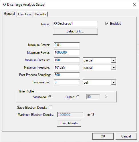 RF Discharge Analysis Setup dialog. General tab.