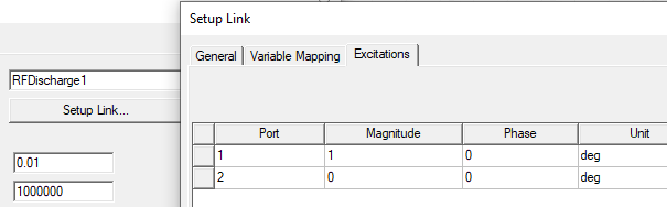 Setup Link dialog, Excitations tab.
