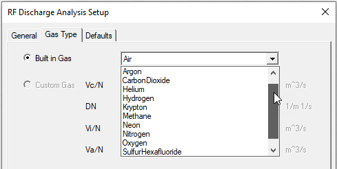 RF Dischare Analysis Setup dialog. Gas Type tab.