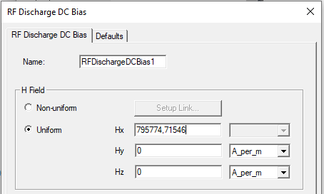 RF Discharge DC Bias dialog, RF Disacharge DC bias tab. H Field set to uniform.