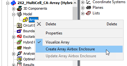 Array shortcut menu. Create Array Airbox enclosure option highlighted.