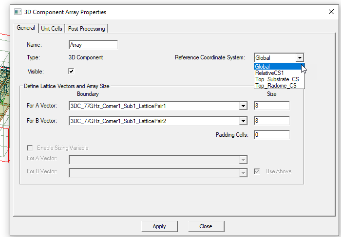 3D Component Array Properties dialog. General tab.