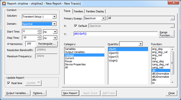 Report window, Spectral Domain selected.