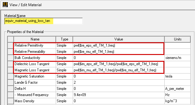 Equivalent    material properties using real permittivity and permeability values and with the dielectric and magnetic loss    tangents defined, used in design 3