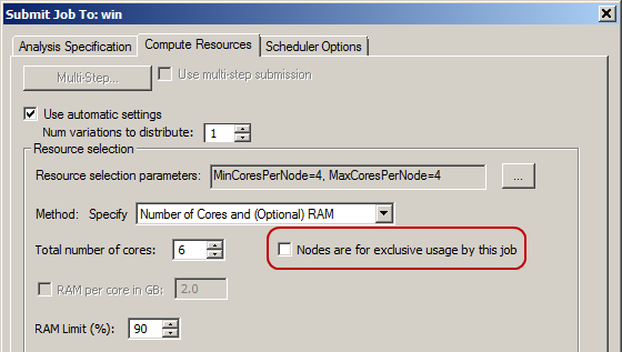 Submit Job To: win, Compute Resources tab.