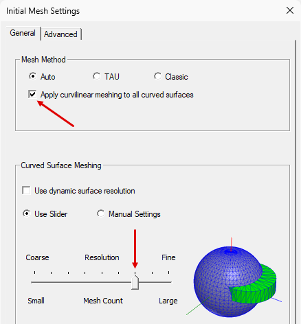 Initial mesh settings for the circular waveguide.