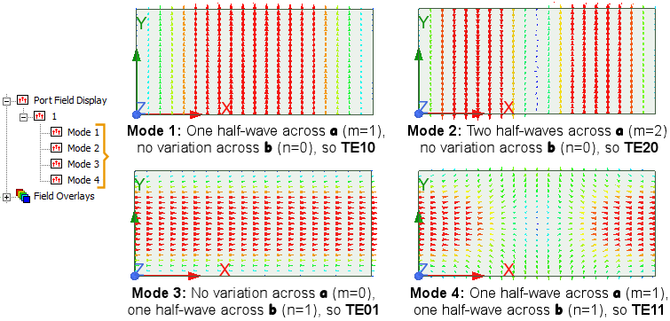 Port field displays for the four computed modes of the rectangular waveguide.