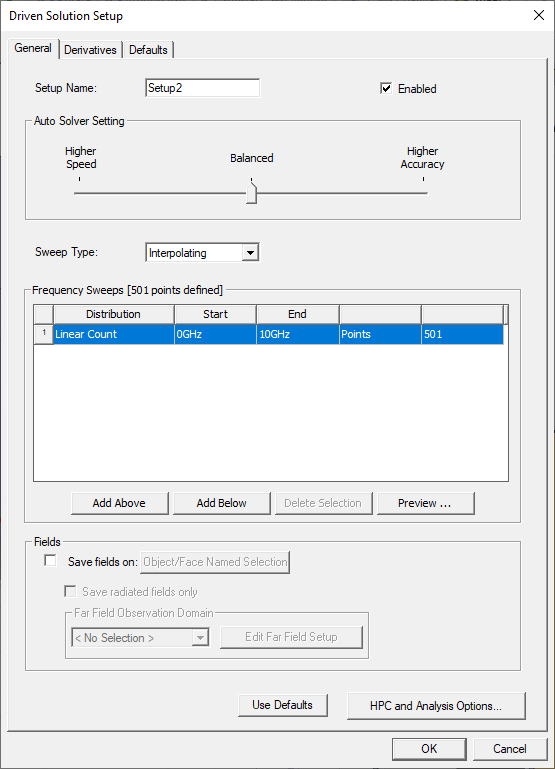Driven Solution Setup dialog, General tab.