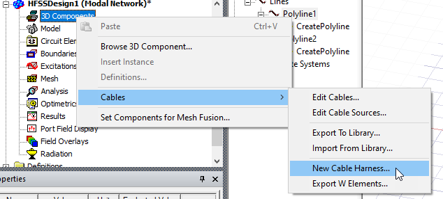 3D Component shortcut menu. Cables option expanded, New Cable Harness selected.