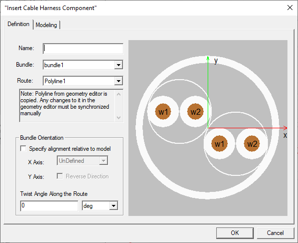Insert Cable Harness Component dialog. Definition tab.