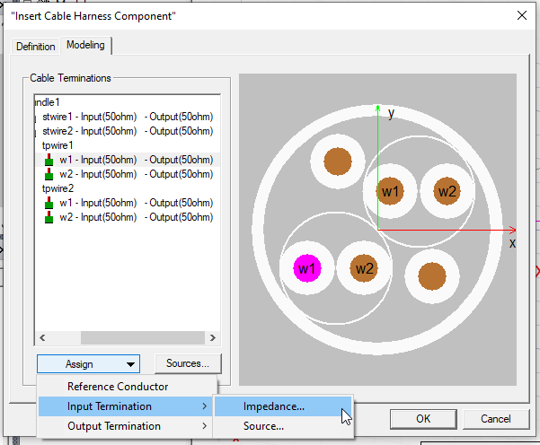 Insert Cable Harness Component dialog. Modeling tab. Assign Input termination set to Impedance.