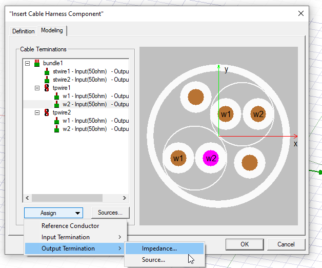 Insert Cavle Harness Component window. Modeling tab. Output Termination set to Impedance.
