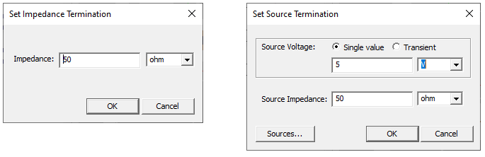 Set Impedance Termination dialog. Set Source Termination dialog.