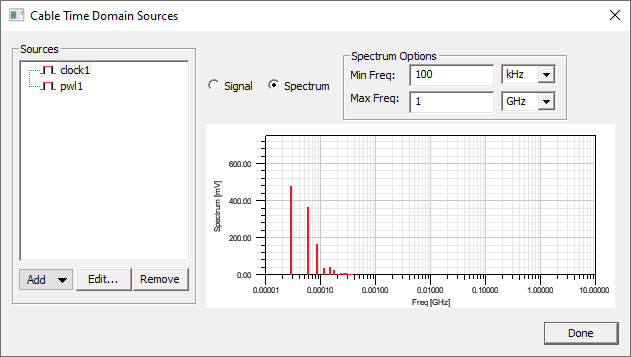 Cable Time Domain Sources dialog.