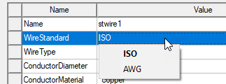 Properties table. WireStandard drop-down menu expanded, ISO option selected.