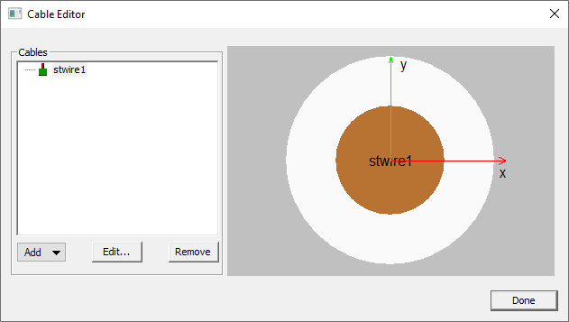 Cable Editor window, current wire selection shown in model preview window.