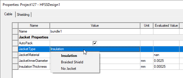Properties window, Cable tab. JacketType drop-down menu expanded, Insulation option selected.