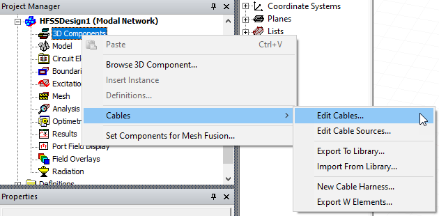 3D Components short-cut menu. Cables option highlighted- Edit Cables option selected.