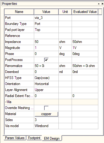 Properties Window > EM Design Tab
