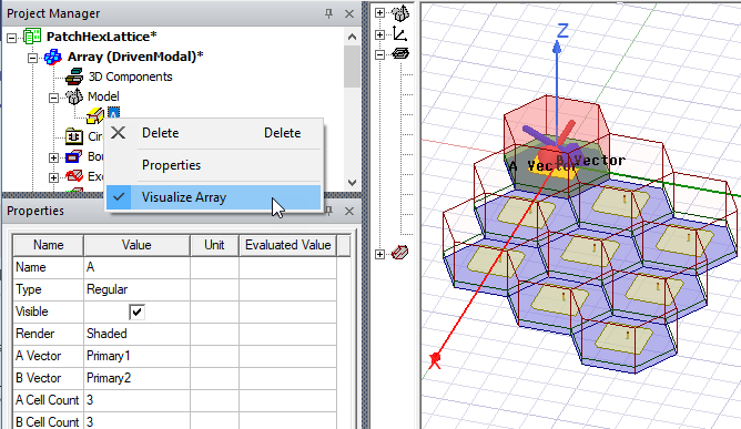 Arrays shortcut menu, Visualize Array option highlighted.