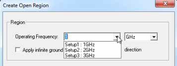 Create Open Region dialog. Operating Frequency drop-down menu expanded.